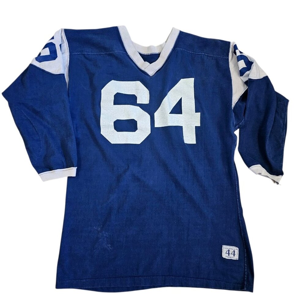 Vintage 50s Champion Knitwear Football Jersey Blue Vneck #64 Size 44 Modern Sz M